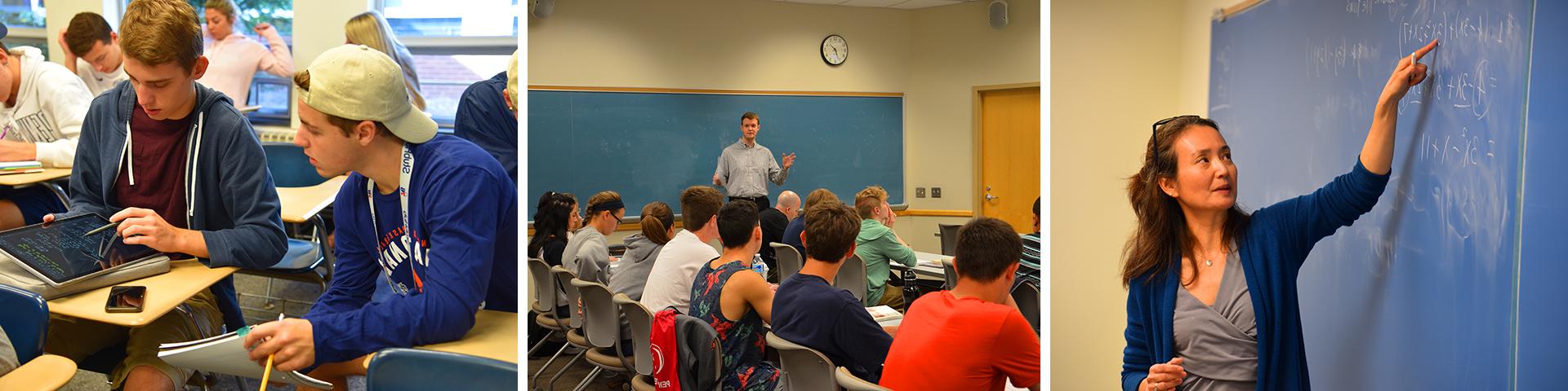 a collage of three photos representing faculty members and students in various classrooms